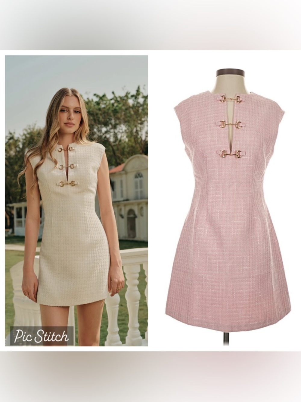 Commense Metal Button Tweed Sleeveless Dress Pastel Pink - Picture 1 of 9